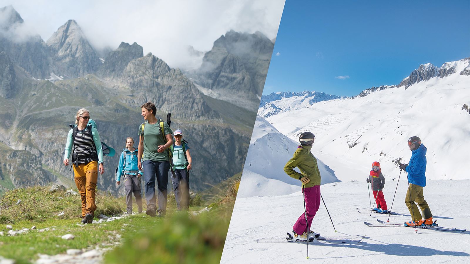 Collage de deux images d’activités de montagne: à gauche, un groupe de femmes en randonnée; à droite, une famille en train de skier